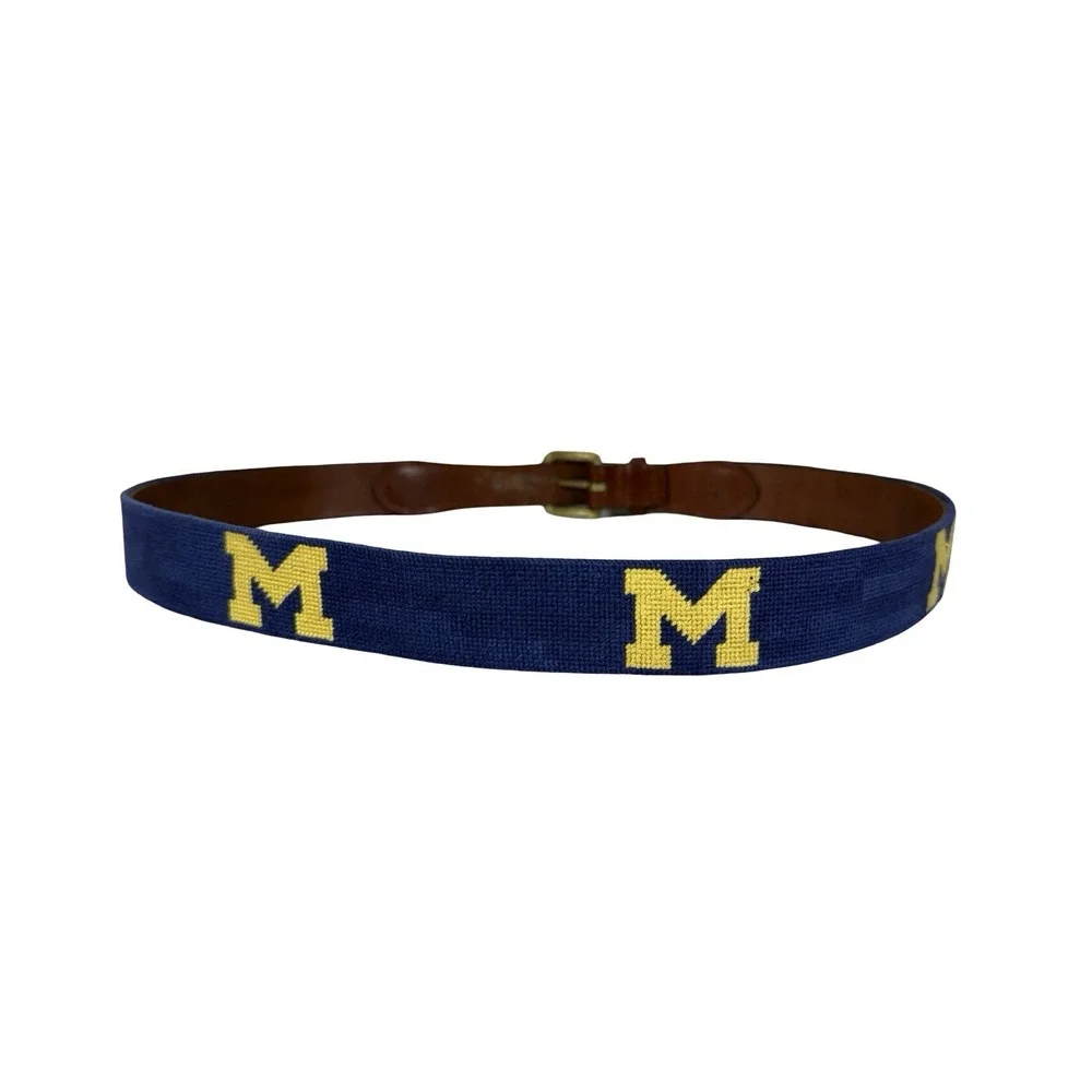 Smathers & Branson Hand Stitched Needlepoint Michigan Belt Mens 36 Solid Brass